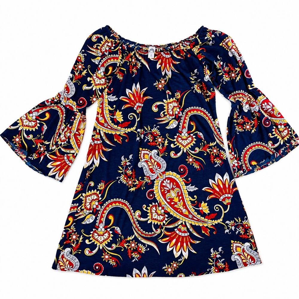 Hippie Rose Women's Small Off Shoulder Bell‎ Sleeve Paisley Tunic Top Blue Boho